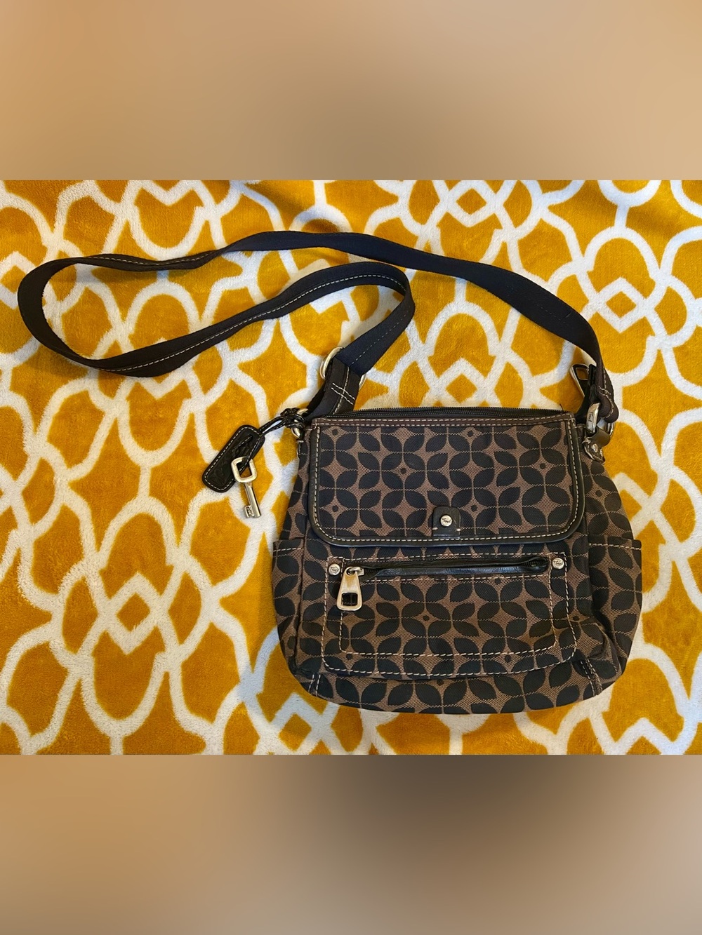 Fossil Brown Black Geometric Crossbody Bag Zip/Snap, Key, Inner/Outer Pockets
